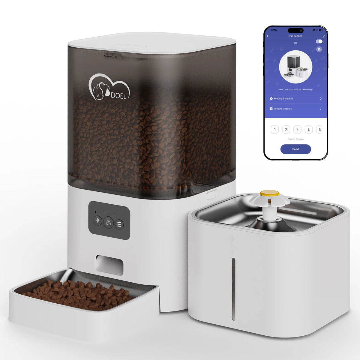 Distributeur de Croquettes 6 L avec Fontaine 2,5 L et Application - DOEL
