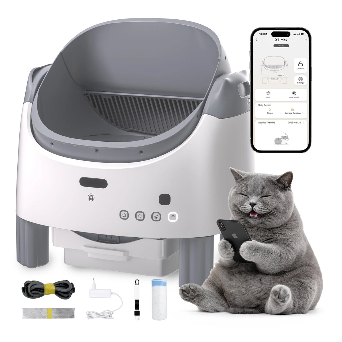 Litière Automatique Ouverte XXL 95 L pour Plusieurs Chats - Amicura X1 Max