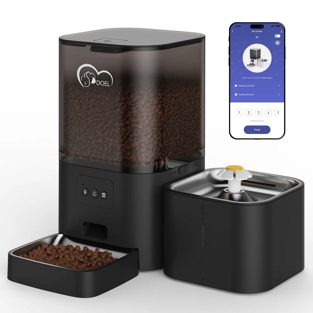 Distributeur de Croquettes 6 L avec Fontaine 2,5 L et Application - DOEL